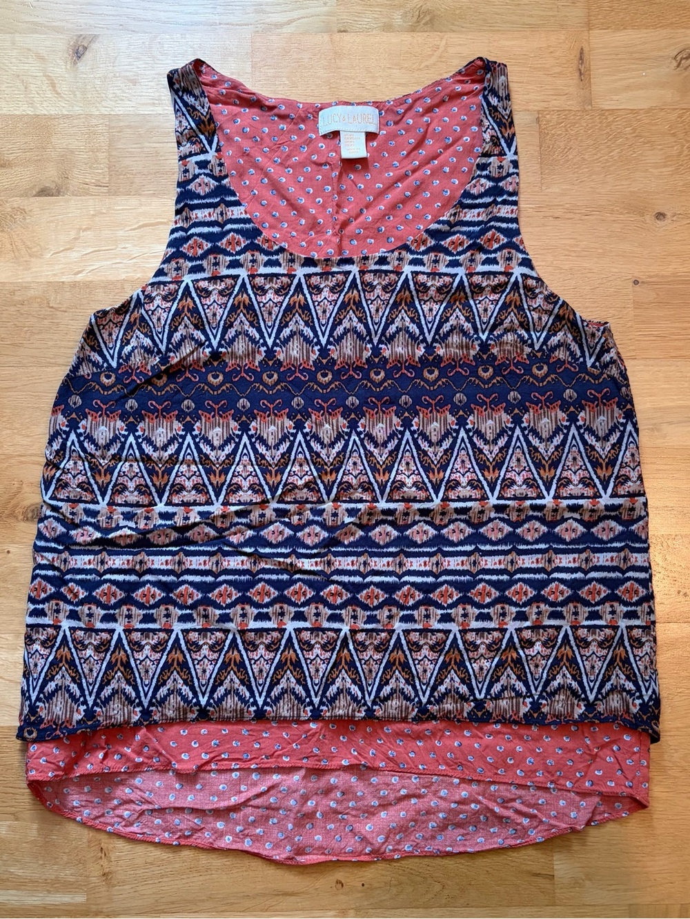 Lucy & Laurel Navy & Coral Patterned Layered Tank Top, XS